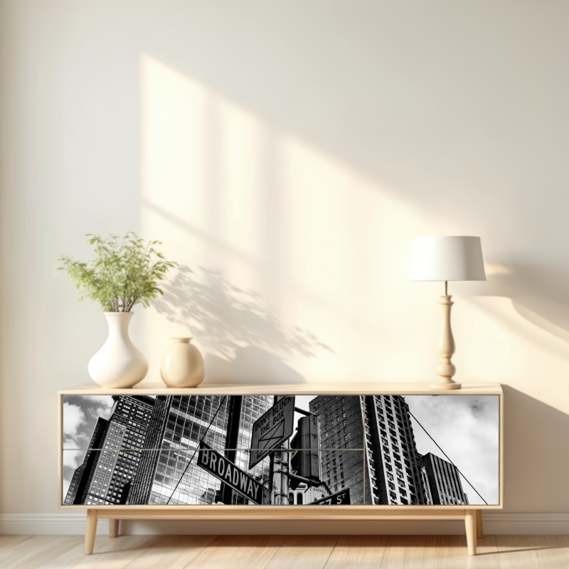 Naklejka repozycjonowalna Broadway i W 57 St — miejska panorama w czerni i bieli – Wallissimo® Naklejka repozycjonowalna Broadway i W 57 St — miejska panorama w czerni i bieli – Wallissimo®