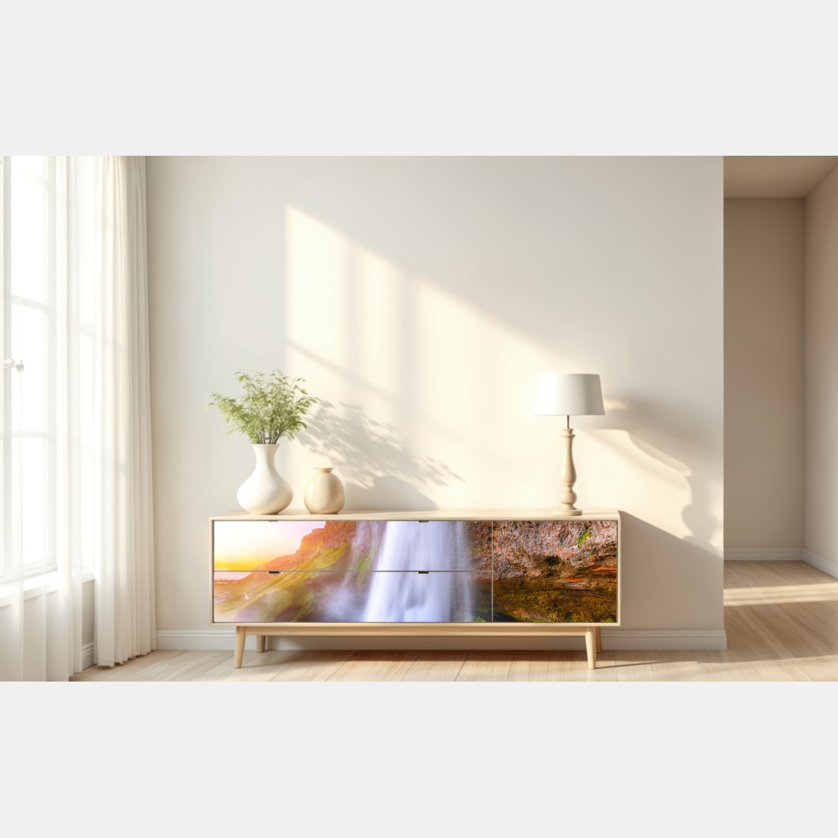 Naklejka repozycjonowalna Seljalandsfoss wodospad o zachodzie słońca – Wallissimo® Naklejka repozycjonowalna Seljalandsfoss wodospad o zachodzie słońca – Wallissimo®