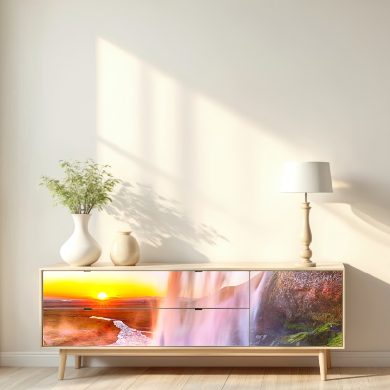 Naklejka repozycjonowalna Seljalandsfoss wodospad o zachodzie słońca – Wallissimo® Naklejka repozycjonowalna Seljalandsfoss wodospad o zachodzie słońca – Wallissimo®