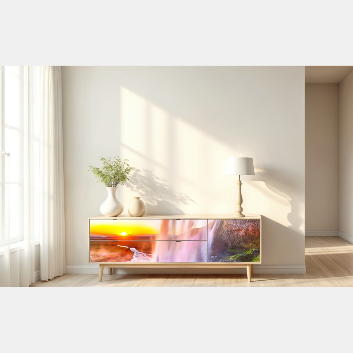 Naklejka repozycjonowalna Seljalandsfoss wodospad o zachodzie słońca – Wallissimo® Naklejka repozycjonowalna Seljalandsfoss wodospad o zachodzie słońca – Wallissimo®