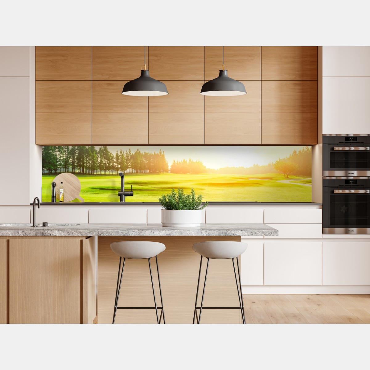 Naklejka repozycjonowalna słoneczna łąka i las o wschodzie słońca – Wallissimo® Naklejka repozycjonowalna słoneczna łąka i las o wschodzie słońca – Wallissimo®