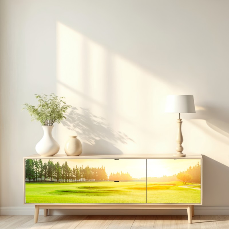 Naklejka repozycjonowalna słoneczna łąka i las o wschodzie słońca – Wallissimo® Naklejka repozycjonowalna słoneczna łąka i las o wschodzie słońca – Wallissimo®