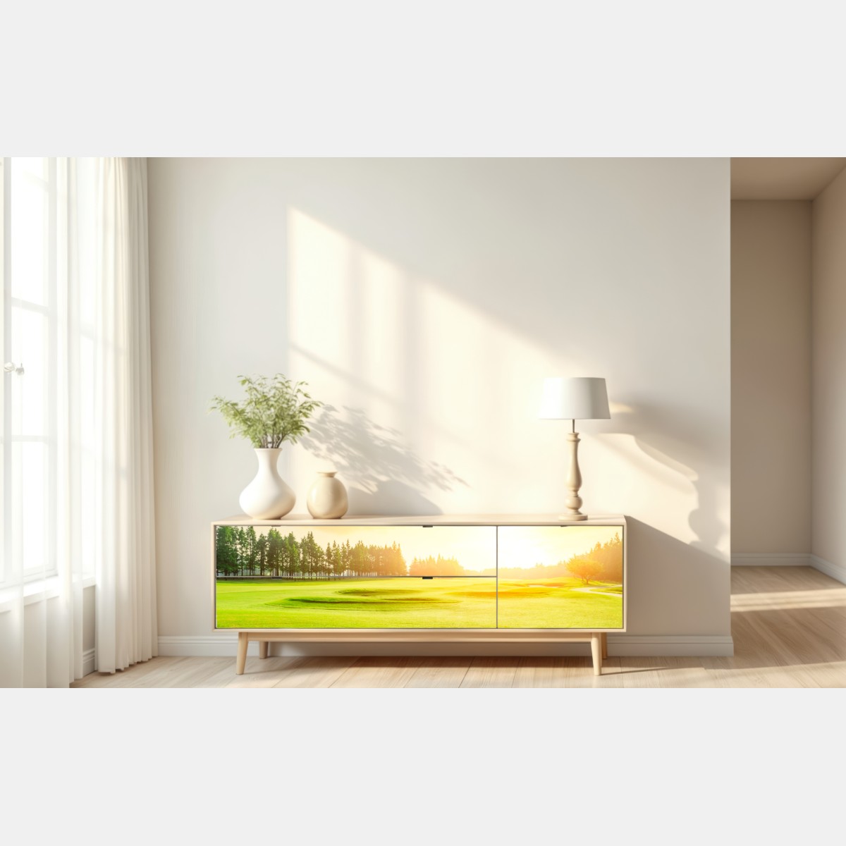 Naklejka repozycjonowalna słoneczna łąka i las o wschodzie słońca – Wallissimo® Naklejka repozycjonowalna słoneczna łąka i las o wschodzie słońca – Wallissimo®