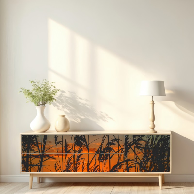 Naklejka repozycjonowalna zachód słońca nad jeziorem z sitowiem w sylwecie – Wallissimo® Naklejka repozycjonowalna zachód słońca nad jeziorem z sitowiem w sylwecie – Wallissimo®