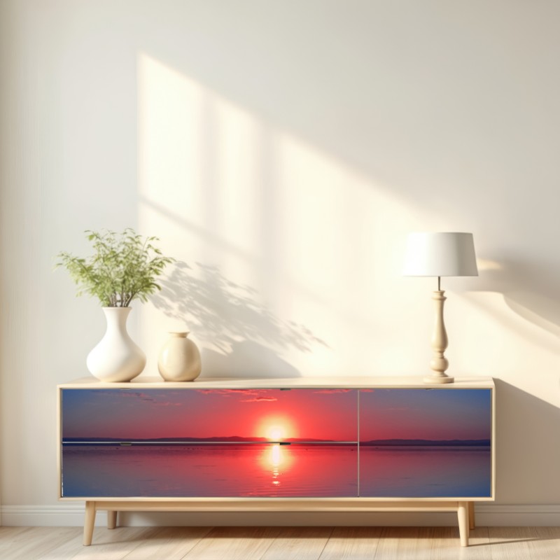 Naklejka repozycjonowalna zachód słońca nad spokojnym morzem z żywym odbiciem – Wallissimo® Naklejka repozycjonowalna zachód słońca nad spokojnym morzem z żywym odbiciem – Wallissimo®