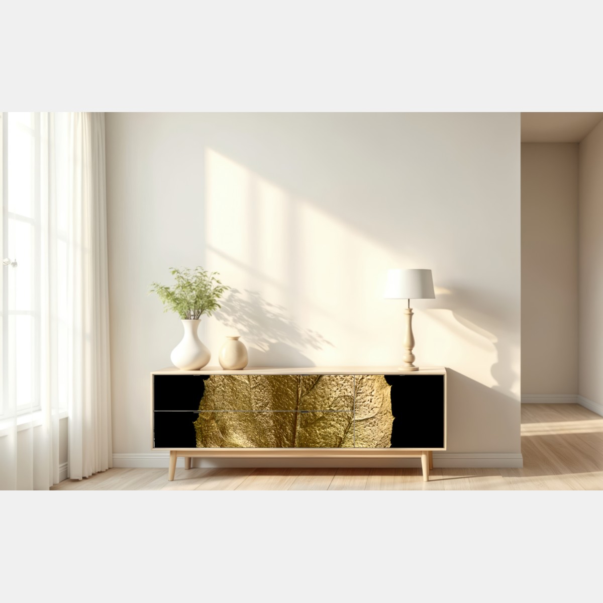 Naklejka repozycjonowalna złoty liść na czarnym tle – Wallissimo® Naklejka repozycjonowalna złoty liść na czarnym tle – Wallissimo®