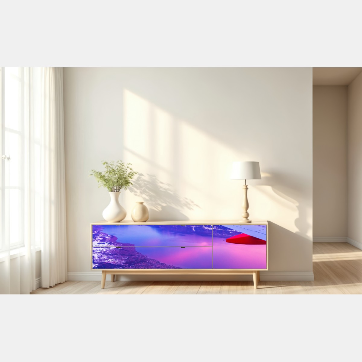 Naklejka repozycjonowalna panorama miasta nad jeziorem z lotu ptaka o zachodzie – Wallissimo® Naklejka repozycjonowalna panorama miasta nad jeziorem z lotu ptaka o zachodzie – Wallissimo®