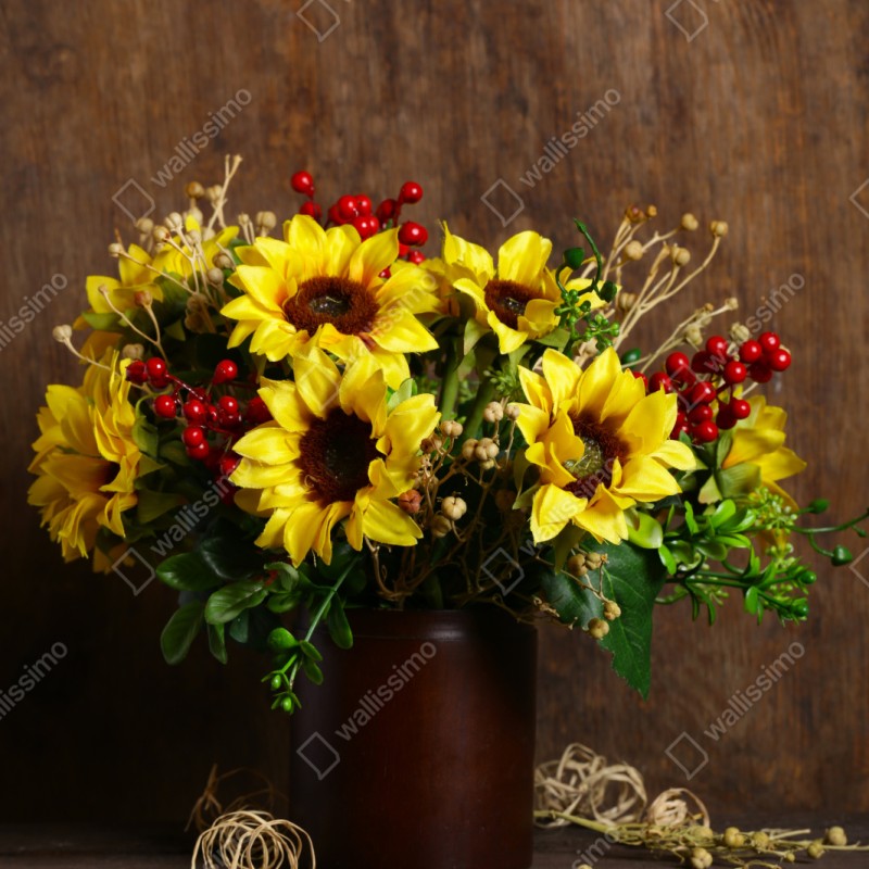 Naklejka repozycjonowalna jesienny bukiet słoneczników na drewnianym tle – Wallissimo® Naklejka repozycjonowalna jesienny bukiet słoneczników na drewnianym tle – Wallissimo®