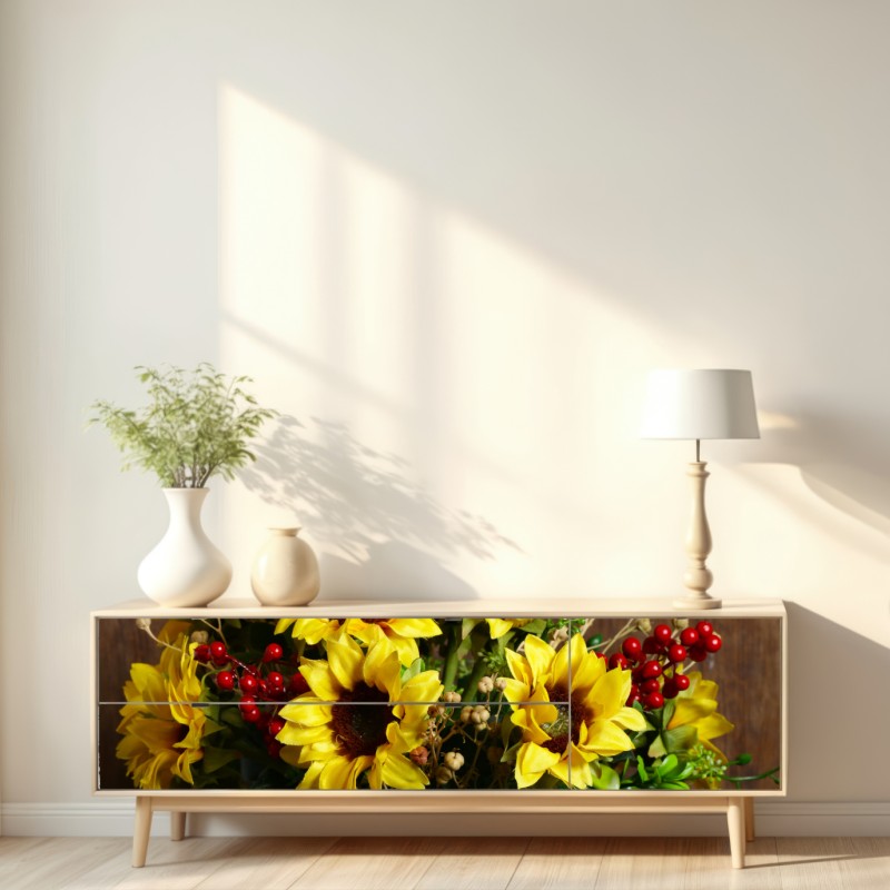 Naklejka repozycjonowalna jesienny bukiet słoneczników na drewnianym tle – Wallissimo® Naklejka repozycjonowalna jesienny bukiet słoneczników na drewnianym tle – Wallissimo®