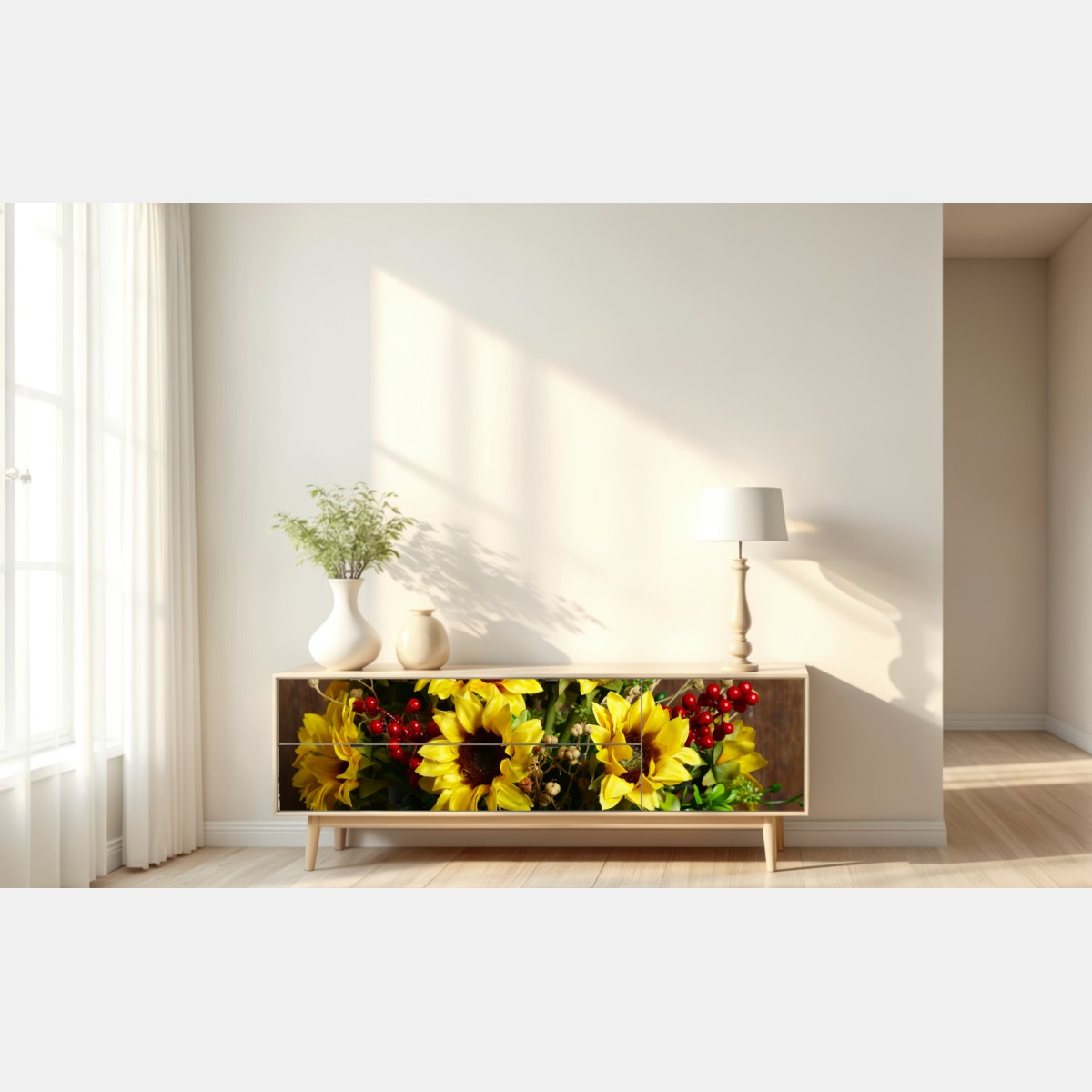 Naklejka repozycjonowalna jesienny bukiet słoneczników na drewnianym tle – Wallissimo® Naklejka repozycjonowalna jesienny bukiet słoneczników na drewnianym tle – Wallissimo®