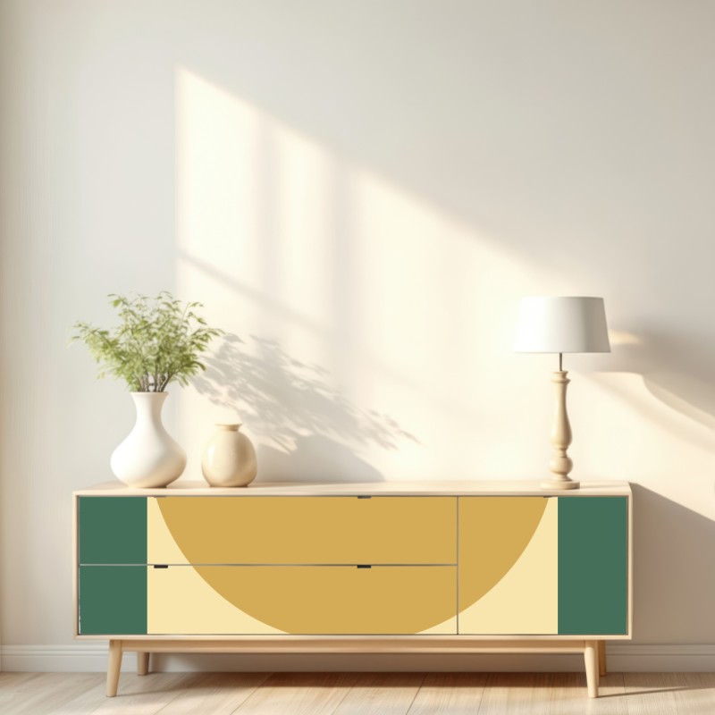 Naklejka repozycjonowalna złote słońce nad geometrycznym blokiem – Wallissimo® Naklejka repozycjonowalna złote słońce nad geometrycznym blokiem – Wallissimo®