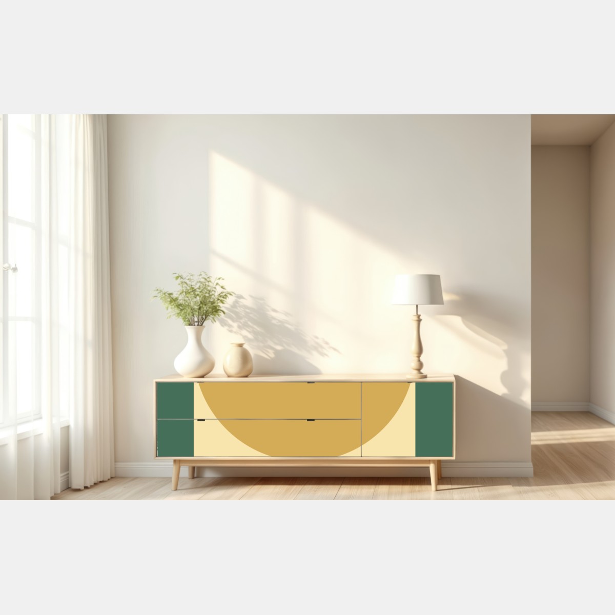 Naklejka repozycjonowalna złote słońce nad geometrycznym blokiem – Wallissimo® Naklejka repozycjonowalna złote słońce nad geometrycznym blokiem – Wallissimo®