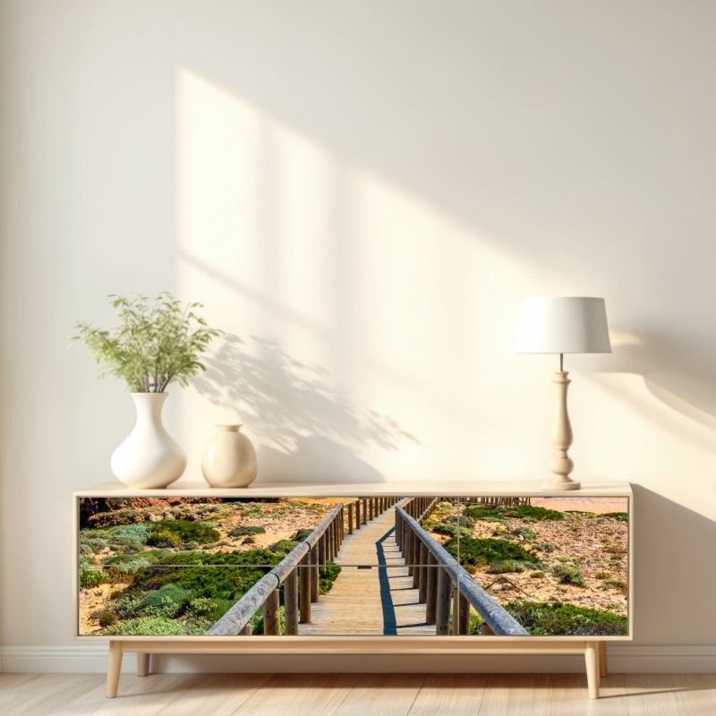 Naklejka repozycjonowalna drewniany pomost prowadzący na plażę Praia da Bordeira – Wallissimo® Naklejka repozycjonowalna drewniany pomost prowadzący na plażę Praia da Bordeira – Wallissimo®