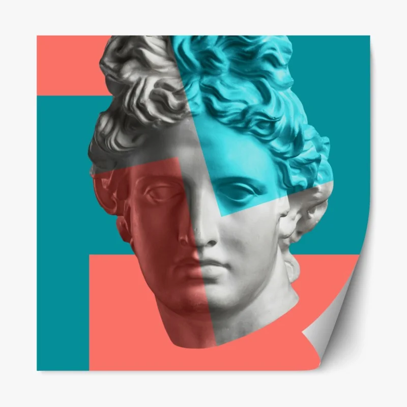 Naklejka repozycjonowalna duotonalna rzeźba głowy w kolażu