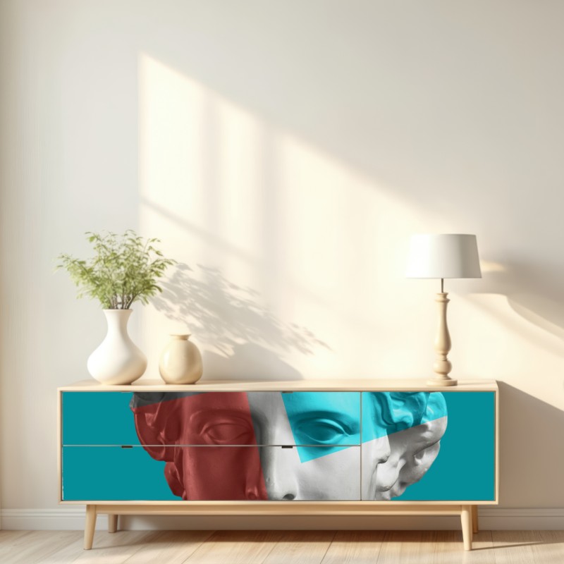 Naklejka repozycjonowalna duotonalna rzeźba głowy w kolażu – Wallissimo® Naklejka repozycjonowalna duotonalna rzeźba głowy w kolażu – Wallissimo®