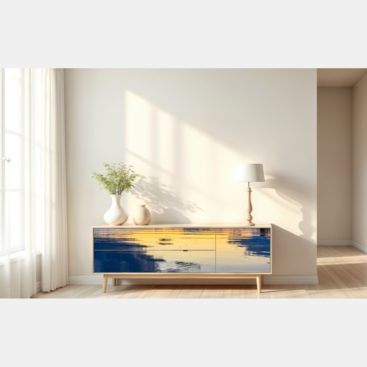 Naklejka repozycjonowalna spokojne nadmorskie odbicie zachodu słońca – Wallissimo® Naklejka repozycjonowalna spokojne nadmorskie odbicie zachodu słońca – Wallissimo®