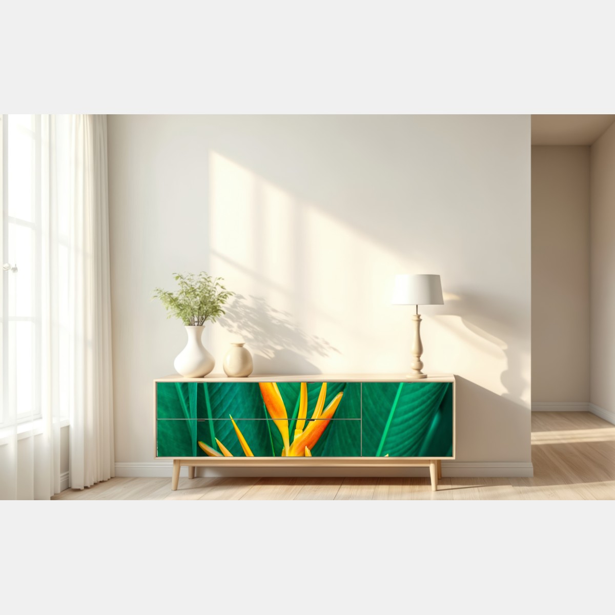 Naklejka repozycjonowalna intensywny tropikalny ptak rajski na zielonych liściach – Wallissimo® Naklejka repozycjonowalna intensywny tropikalny ptak rajski na zielonych liściach – Wallissimo®