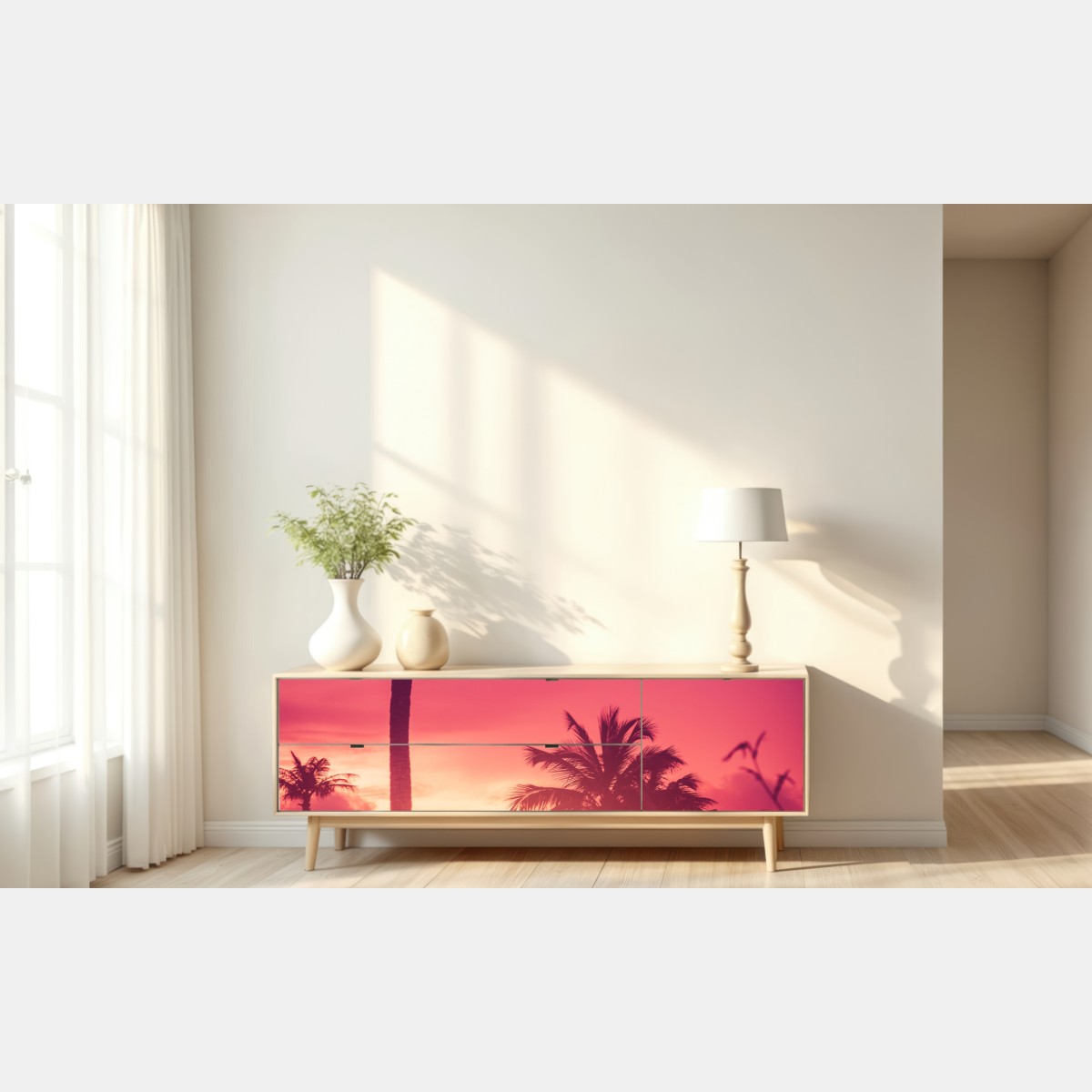 Naklejka repozycjonowalna tropikalny zachód słońca z palmami – Wallissimo® Naklejka repozycjonowalna tropikalny zachód słońca z palmami – Wallissimo®