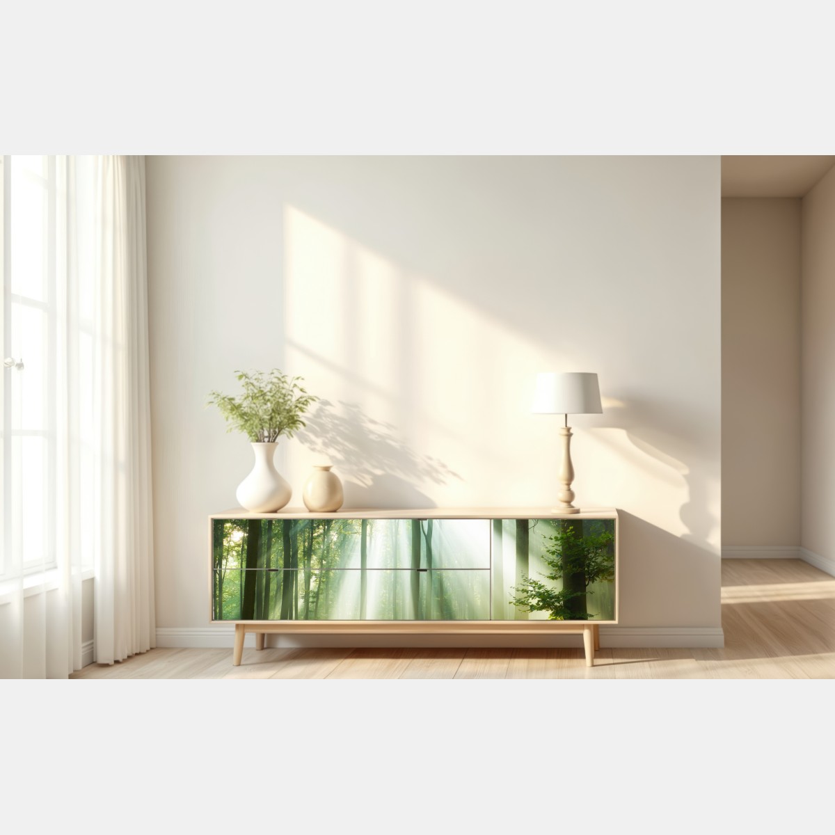 Naklejka repozycjonowalna poranne światło w lesie – Wallissimo® Naklejka repozycjonowalna poranne światło w lesie – Wallissimo®