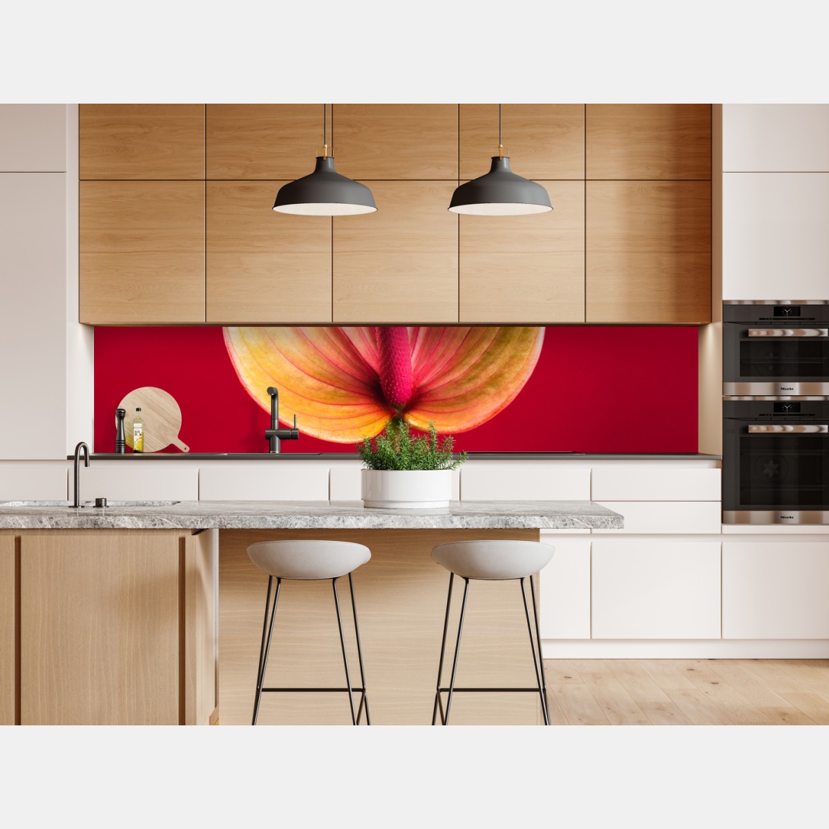 Naklejka repozycjonowalna eleganckie anturium na czerwonym tle – Wallissimo® Naklejka repozycjonowalna eleganckie anturium na czerwonym tle – Wallissimo®