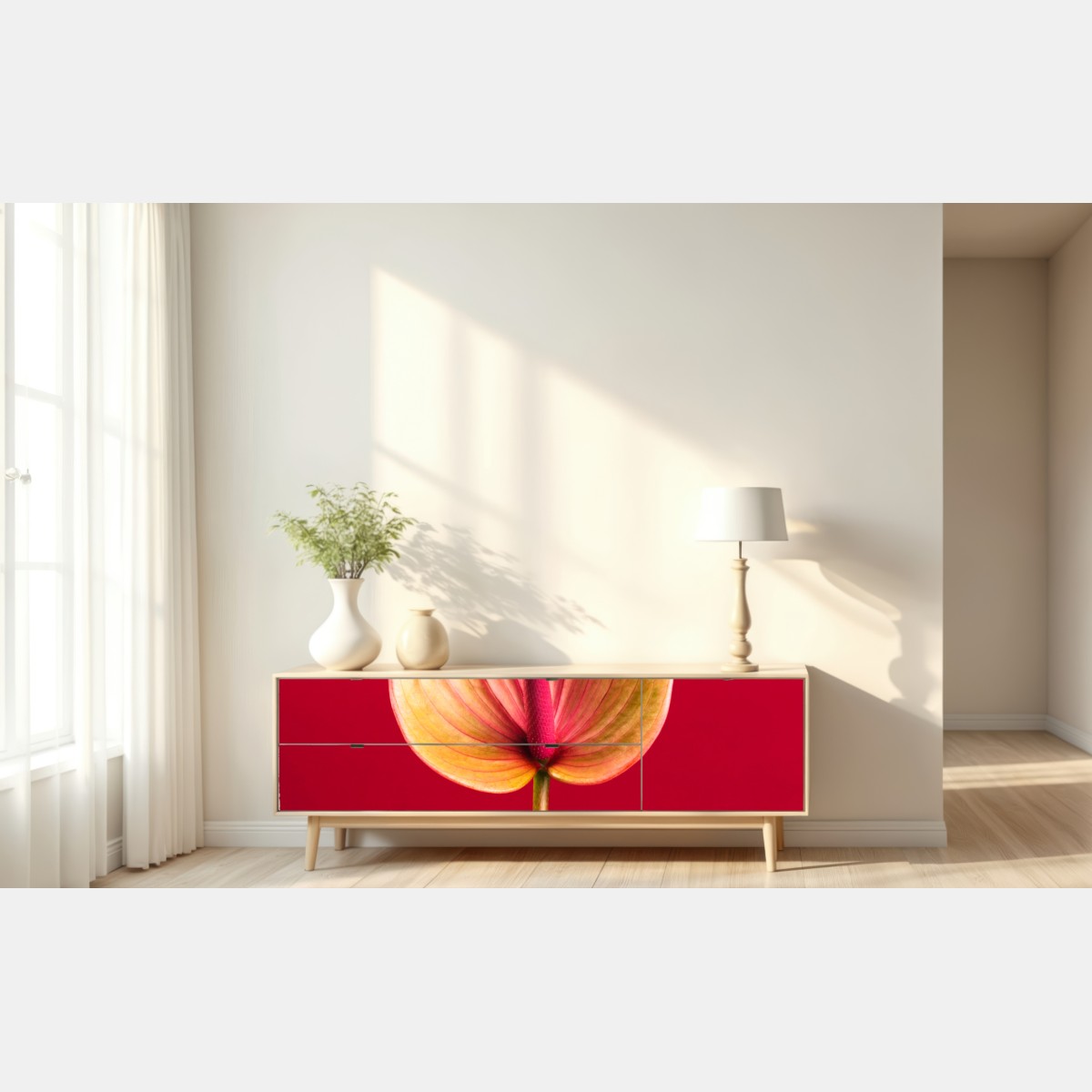 Naklejka repozycjonowalna eleganckie anturium na czerwonym tle – Wallissimo® Naklejka repozycjonowalna eleganckie anturium na czerwonym tle – Wallissimo®