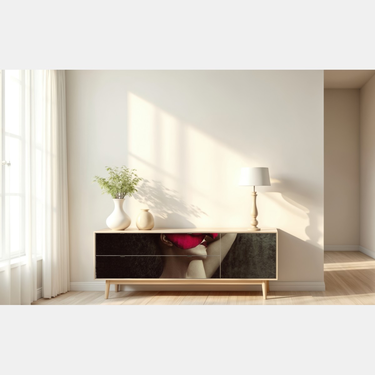 Naklejka repozycjonowalna kobieta z głową z róży surrealistyczny portret – Wallissimo® Naklejka repozycjonowalna kobieta z głową z róży surrealistyczny portret – Wallissimo®