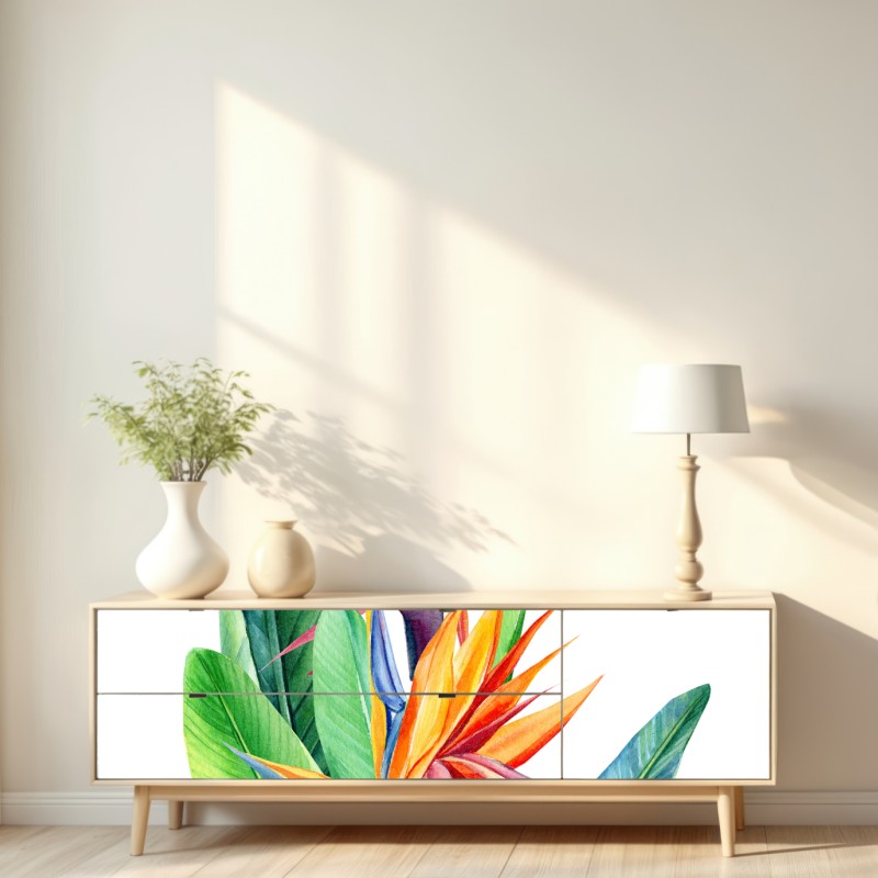 Naklejka repozycjonowalna żywa strelicja akwarelowa ilustracja botaniczna – Wallissimo® Naklejka repozycjonowalna żywa strelicja akwarelowa ilustracja botaniczna – Wallissimo®