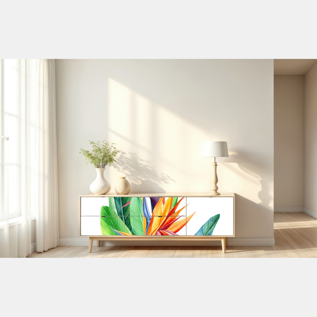 Naklejka repozycjonowalna żywa strelicja akwarelowa ilustracja botaniczna – Wallissimo® Naklejka repozycjonowalna żywa strelicja akwarelowa ilustracja botaniczna – Wallissimo®