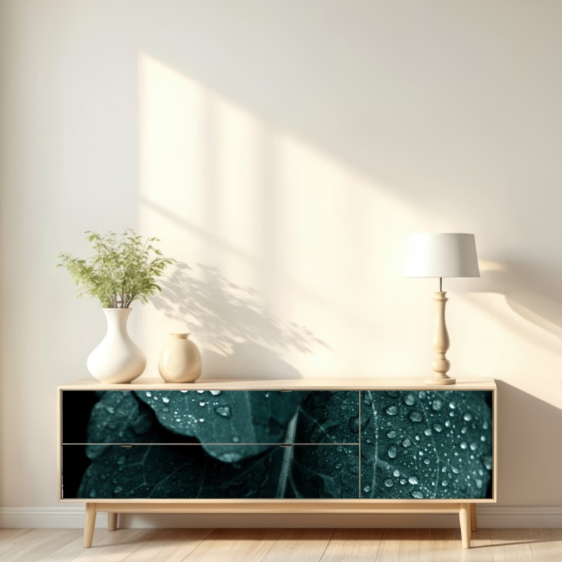 Naklejka repozycjonowalna krople rosy na liściach – Wallissimo® Naklejka repozycjonowalna krople rosy na liściach – Wallissimo®