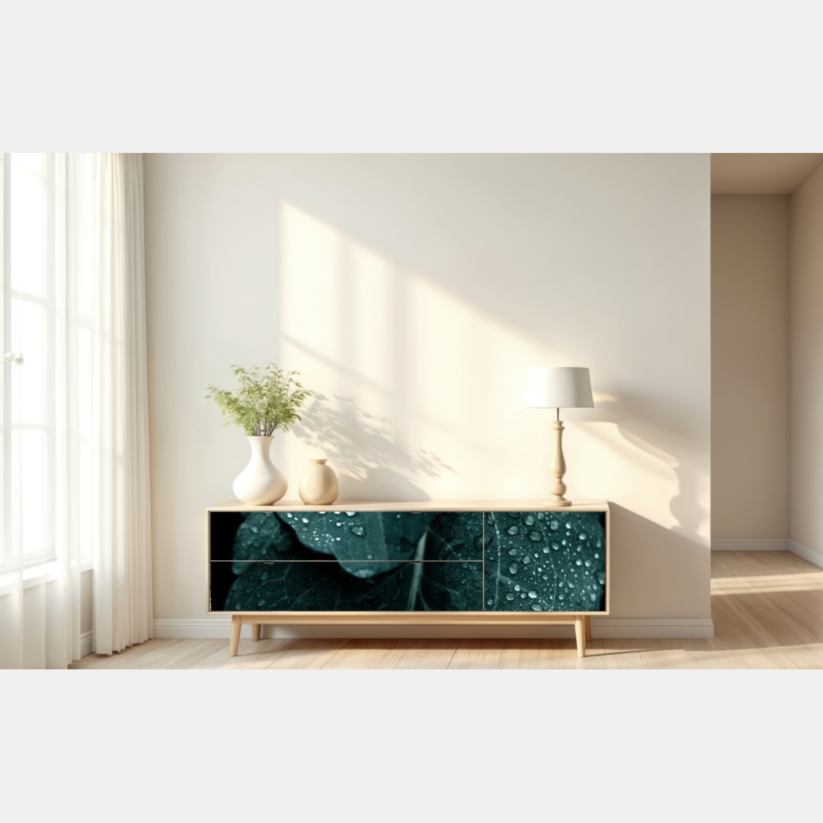 Naklejka repozycjonowalna krople rosy na liściach – Wallissimo® Naklejka repozycjonowalna krople rosy na liściach – Wallissimo®