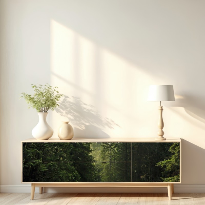 Naklejka repozycjonowalna mglisty iglasty las z wodospadem – Wallissimo® Naklejka repozycjonowalna mglisty iglasty las z wodospadem – Wallissimo®