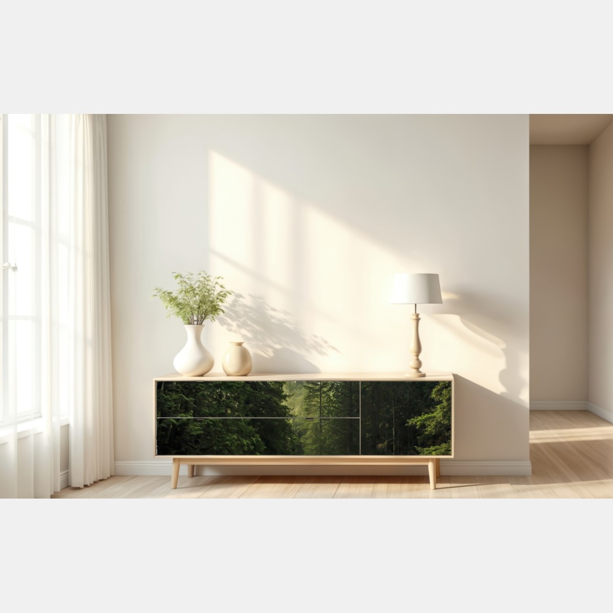 Naklejka repozycjonowalna mglisty iglasty las z wodospadem – Wallissimo® Naklejka repozycjonowalna mglisty iglasty las z wodospadem – Wallissimo®