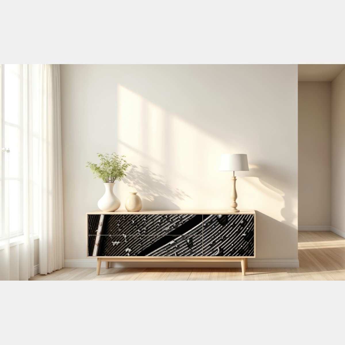 Naklejka repozycjonowalna czarno-białe pióro z kroplami wody – Wallissimo® Naklejka repozycjonowalna czarno-białe pióro z kroplami wody – Wallissimo®