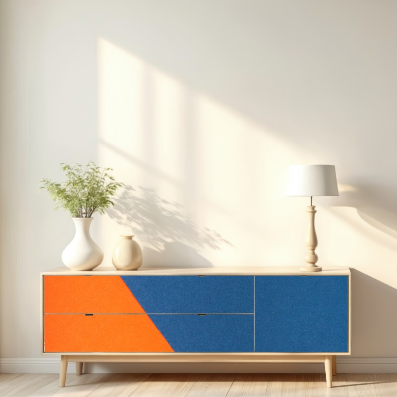 Naklejka repozycjonowalna odważna kompozycja geometryczna w niebieskim i pomarańczowym – Wallissimo® Naklejka repozycjonowalna odważna kompozycja geometryczna w niebieskim i pomarańczowym – Wallissimo®