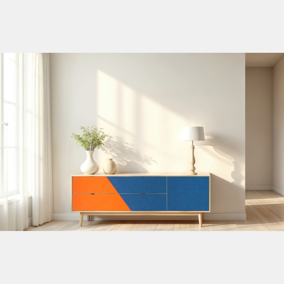 Naklejka repozycjonowalna odważna kompozycja geometryczna w niebieskim i pomarańczowym – Wallissimo® Naklejka repozycjonowalna odważna kompozycja geometryczna w niebieskim i pomarańczowym – Wallissimo®