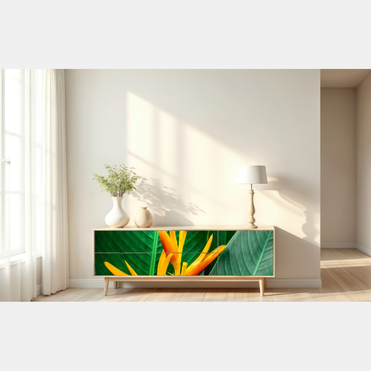 Naklejka repozycjonowalna żywa heliconia na zielonych liściach – Wallissimo® Naklejka repozycjonowalna żywa heliconia na zielonych liściach – Wallissimo®