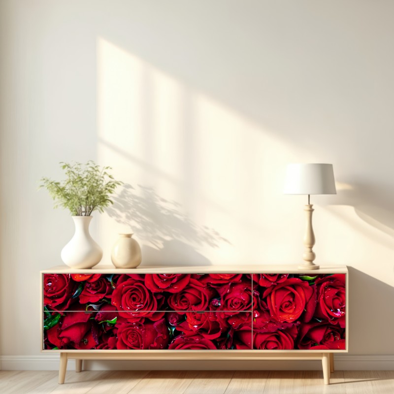 Naklejka repozycjonowalna gęsta ściana czerwonych róż – Wallissimo® Naklejka repozycjonowalna gęsta ściana czerwonych róż – Wallissimo®