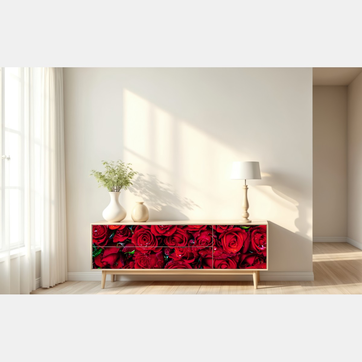 Naklejka repozycjonowalna gęsta ściana czerwonych róż – Wallissimo® Naklejka repozycjonowalna gęsta ściana czerwonych róż – Wallissimo®