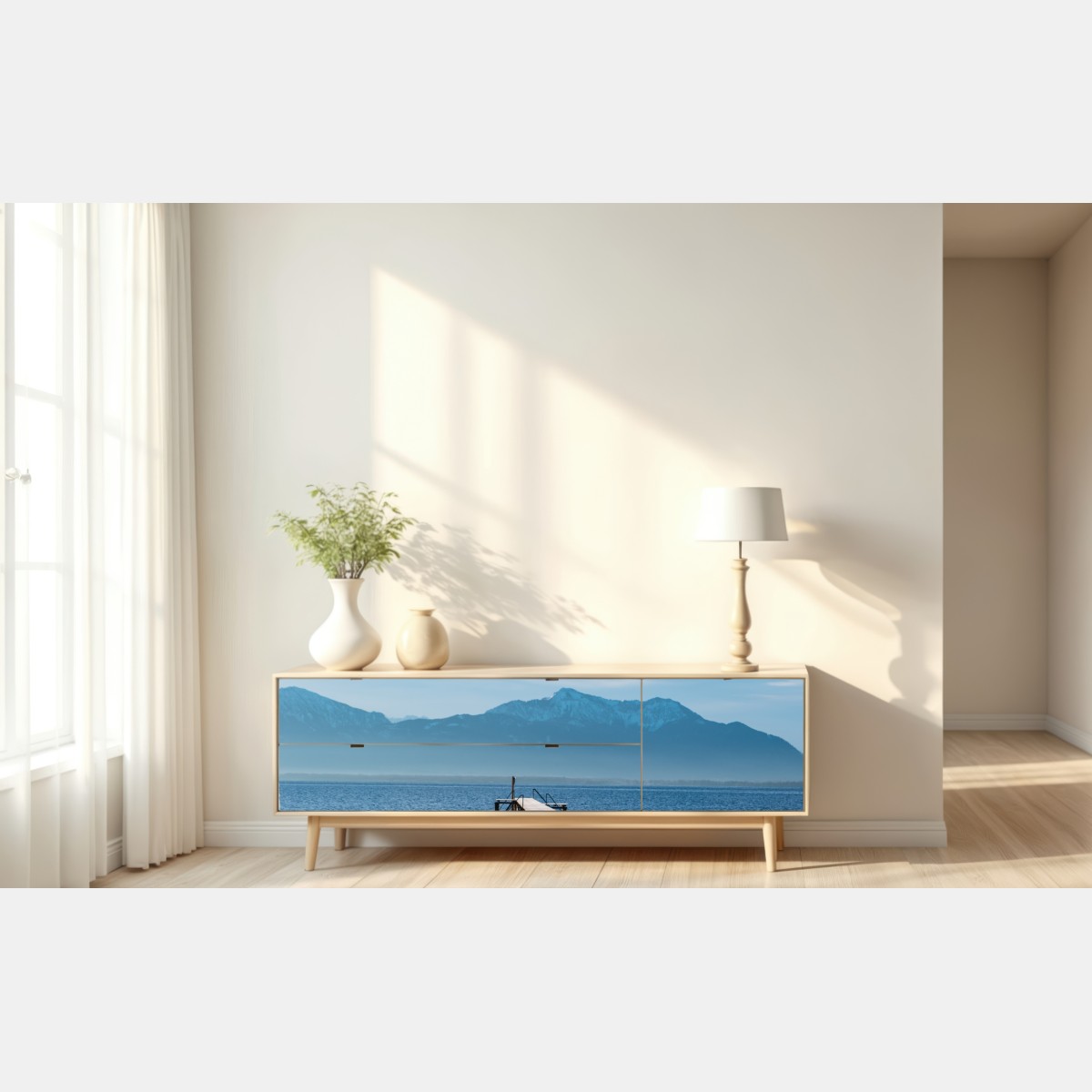 Naklejka repozycjonowalna mglisty pomost nad jeziorem o świcie – Wallissimo® Naklejka repozycjonowalna mglisty pomost nad jeziorem o świcie – Wallissimo®