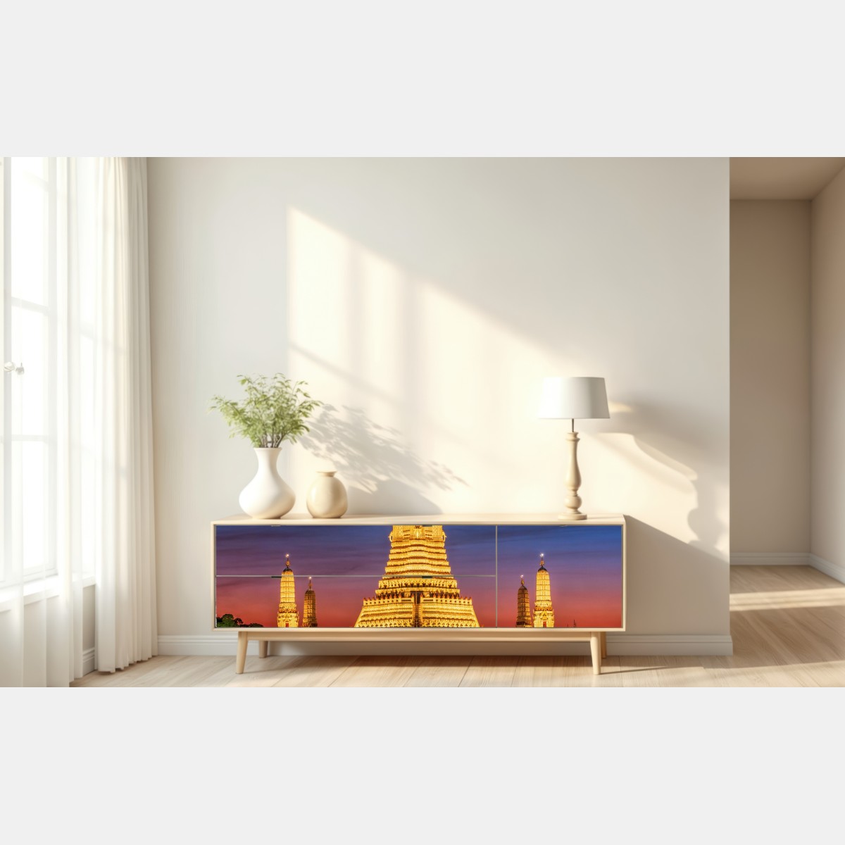 Naklejka repozycjonowalna złote Wat Arun o zmierzchu – Wallissimo® Naklejka repozycjonowalna złote Wat Arun o zmierzchu – Wallissimo®