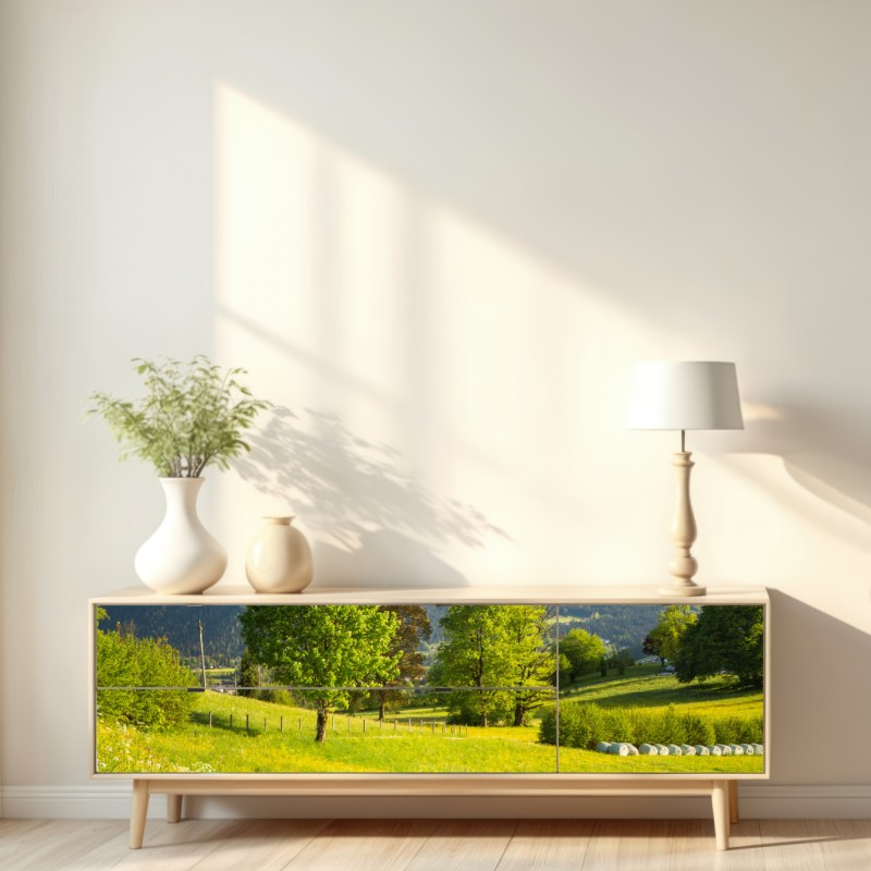 Naklejka repozycjonowalna alpejska wiosenna łąka pod śnieżnymi szczytami – Wallissimo® Naklejka repozycjonowalna alpejska wiosenna łąka pod śnieżnymi szczytami – Wallissimo®