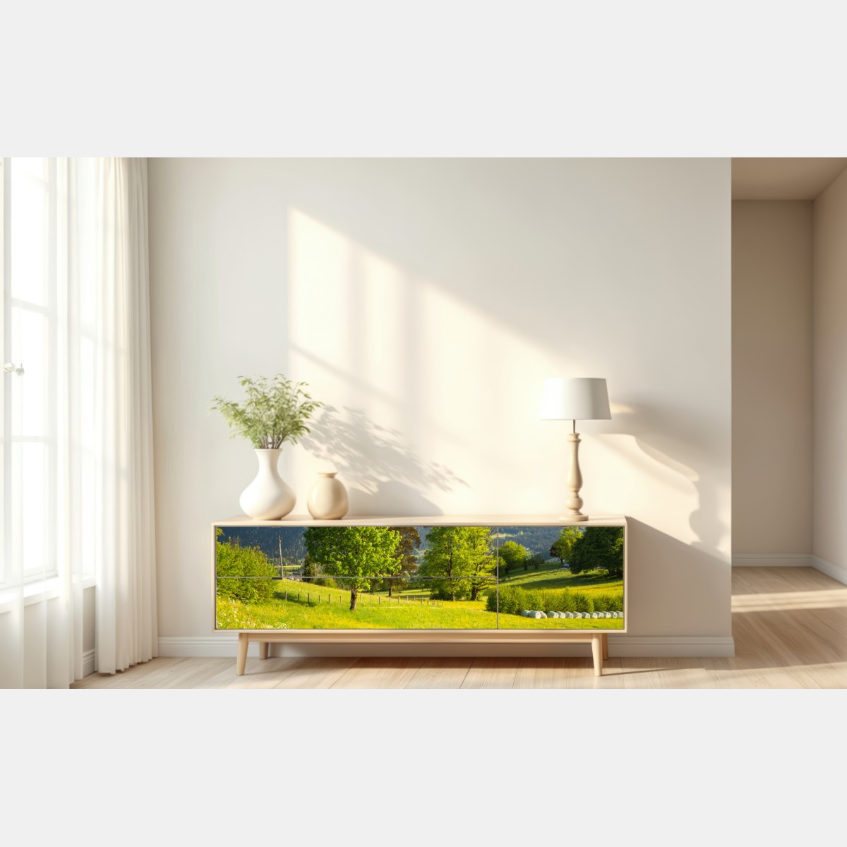 Naklejka repozycjonowalna alpejska wiosenna łąka pod śnieżnymi szczytami – Wallissimo® Naklejka repozycjonowalna alpejska wiosenna łąka pod śnieżnymi szczytami – Wallissimo®