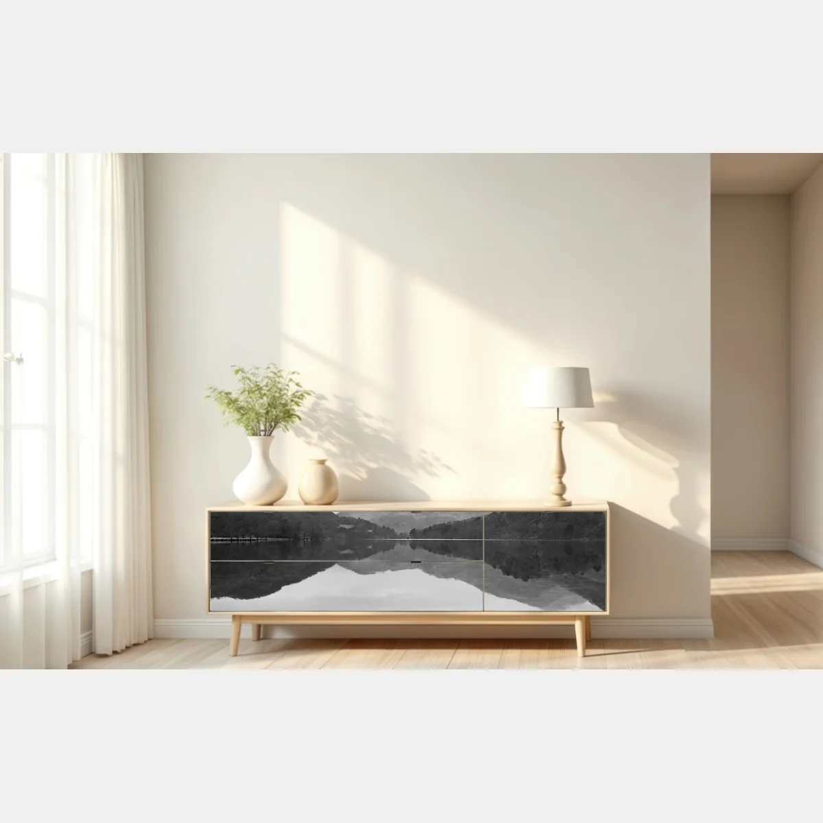 Naklejka repozycjonowalna spokojne jezioro z górskim odbiciem – Wallissimo® Naklejka repozycjonowalna spokojne jezioro z górskim odbiciem – Wallissimo®