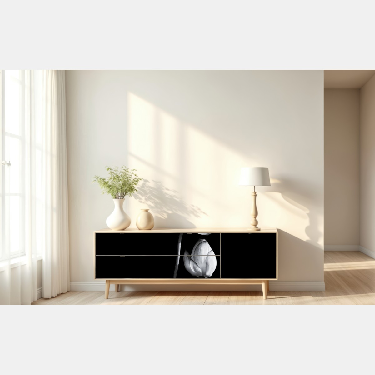 Naklejka repozycjonowalna biały lotos w monochromie – Wallissimo® Naklejka repozycjonowalna biały lotos w monochromie – Wallissimo®