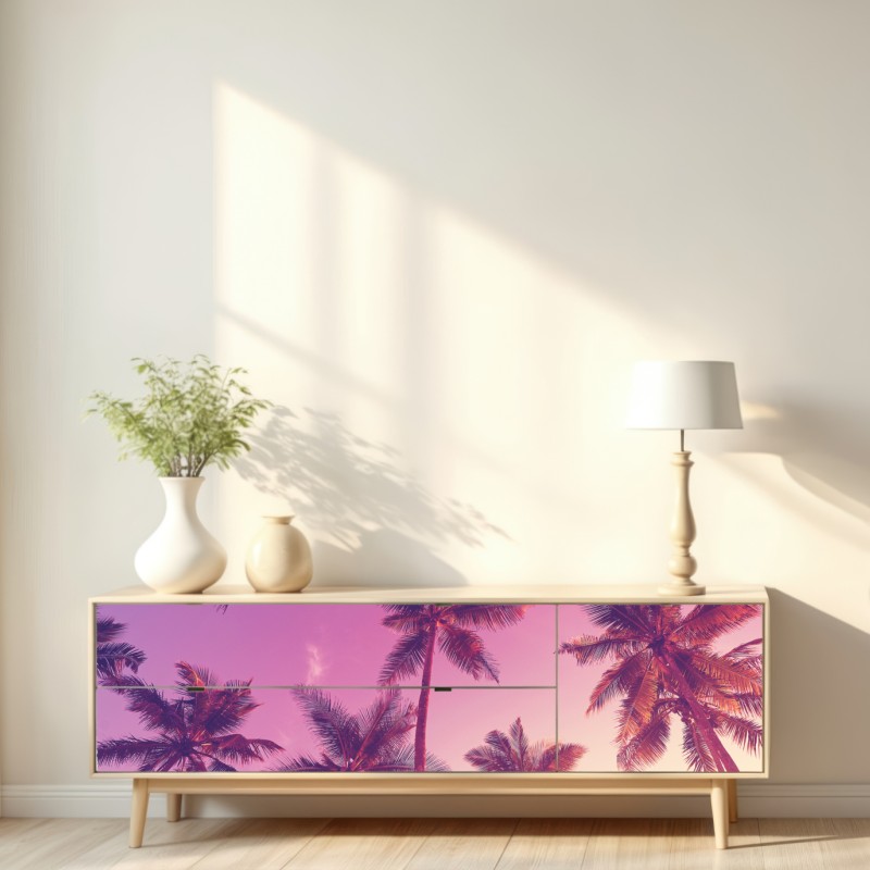 Naklejka repozycjonowalna tropikalne palmy o zachodzie słońca – Wallissimo® Naklejka repozycjonowalna tropikalne palmy o zachodzie słońca – Wallissimo®