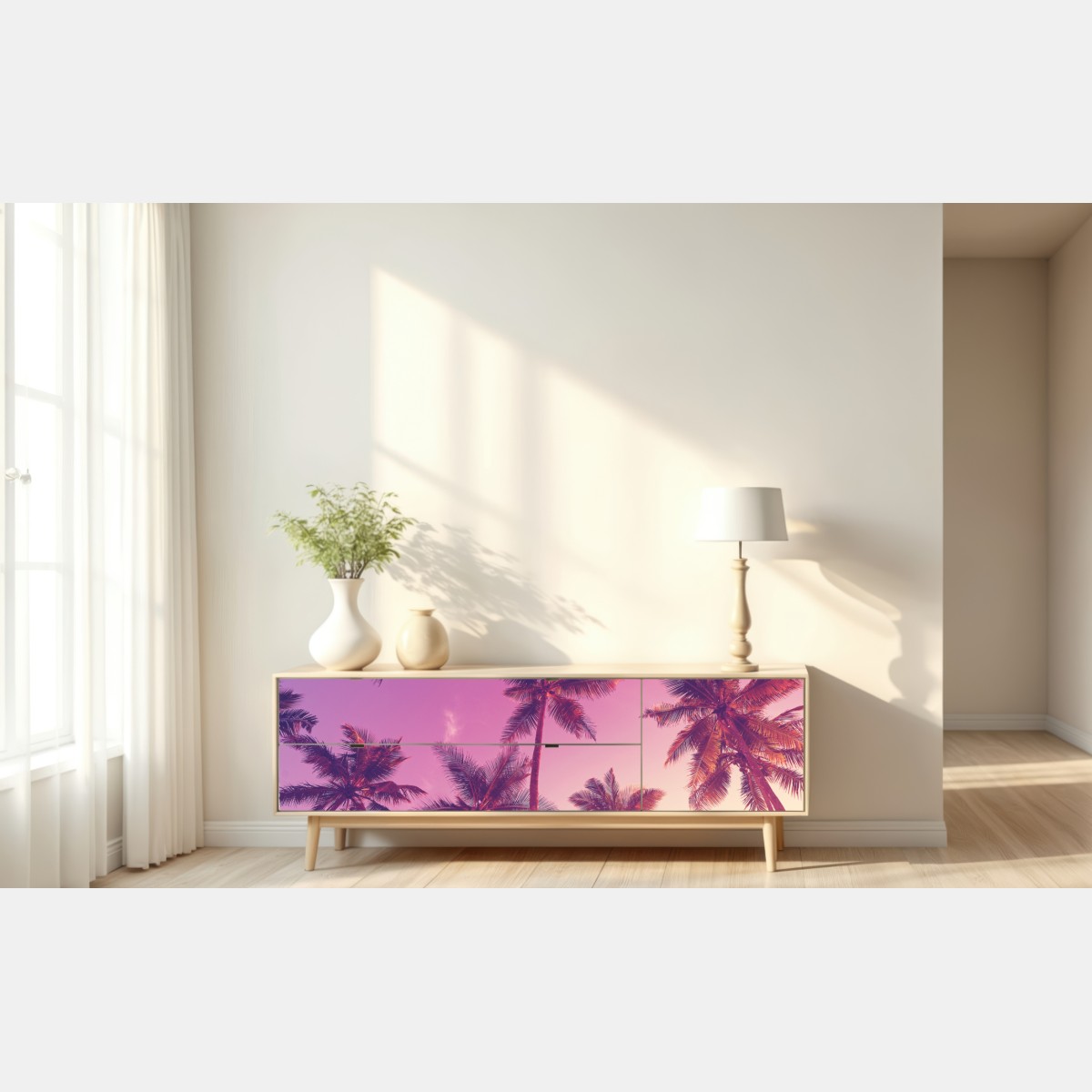 Naklejka repozycjonowalna tropikalne palmy o zachodzie słońca – Wallissimo® Naklejka repozycjonowalna tropikalne palmy o zachodzie słońca – Wallissimo®