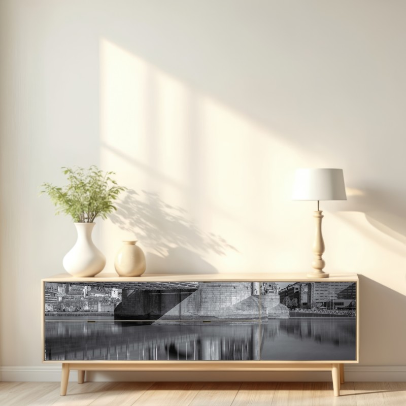 Naklejka repozycjonowalna Tower Bridge odbicie w odcieniach szarości – Wallissimo® Naklejka repozycjonowalna Tower Bridge odbicie w odcieniach szarości – Wallissimo®