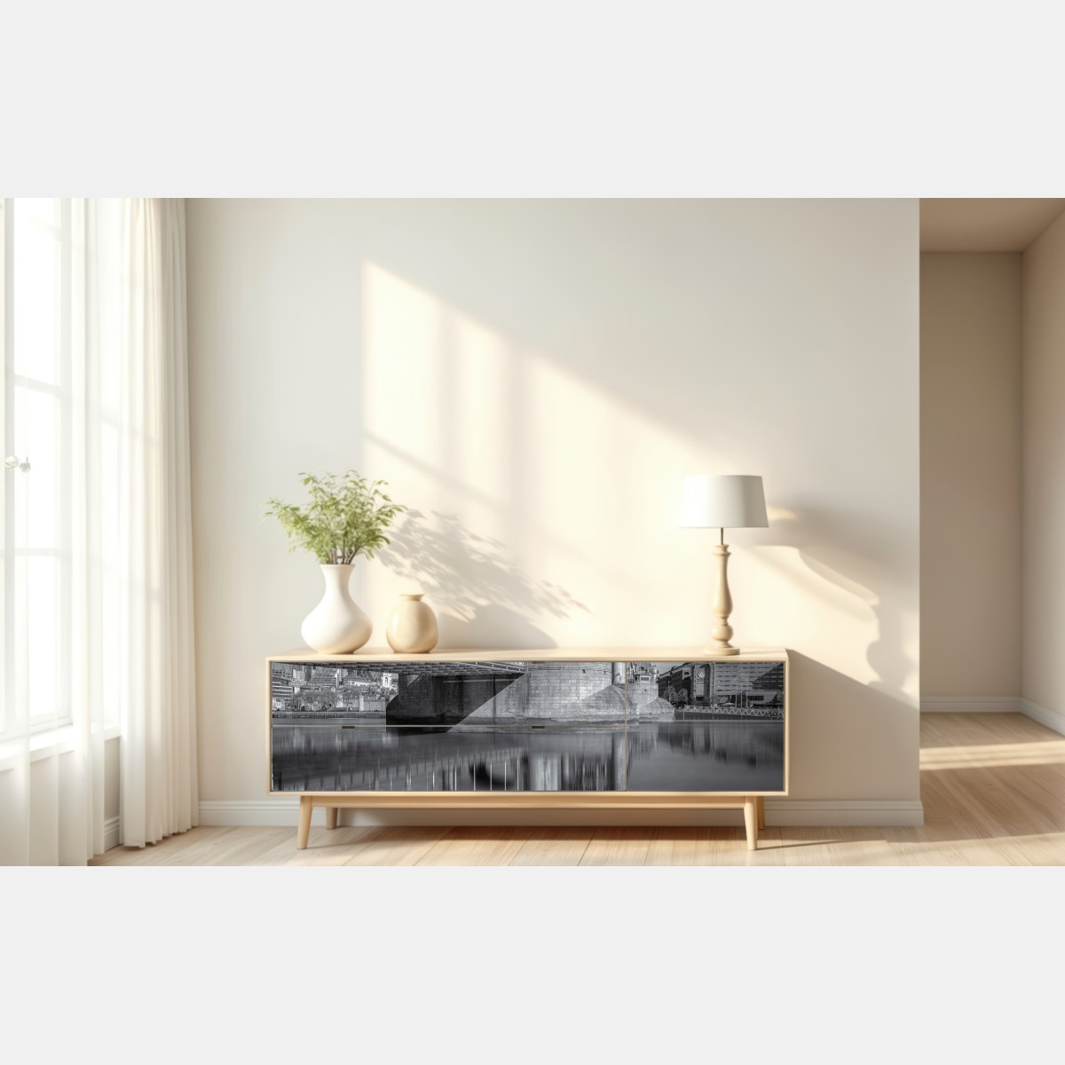 Naklejka repozycjonowalna Tower Bridge odbicie w odcieniach szarości – Wallissimo® Naklejka repozycjonowalna Tower Bridge odbicie w odcieniach szarości – Wallissimo®