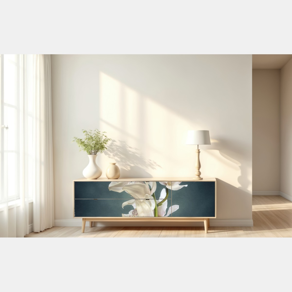 Naklejka repozycjonowalna delikatne białe storczyki na stonowanym tle – Wallissimo® Naklejka repozycjonowalna delikatne białe storczyki na stonowanym tle – Wallissimo®