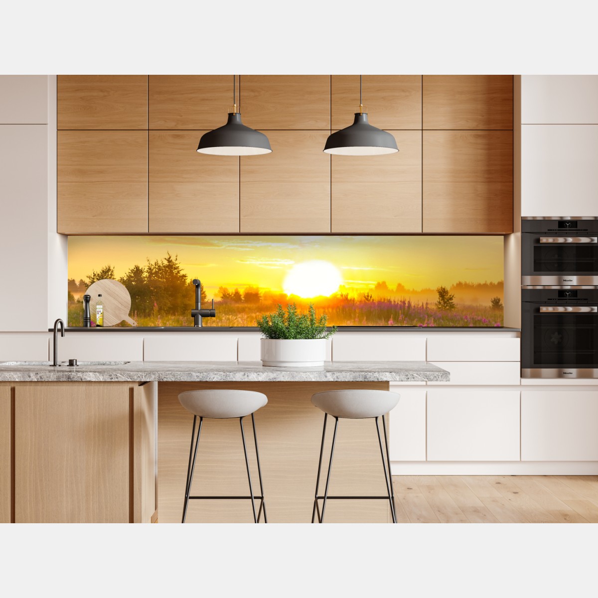 Naklejka repozycjonowalna wschód słońca nad łąką pełną fioletowych kwiatów – Wallissimo® Naklejka repozycjonowalna wschód słońca nad łąką pełną fioletowych kwiatów – Wallissimo®
